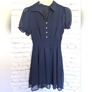 Prettygarden V Neck Swiss Dot Elastic Waist A Line Flowy Short Dress Navy Blue S